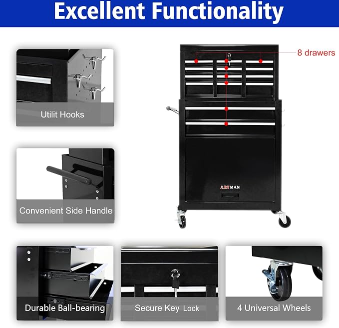 RYH 8 Drawers Rolling Tool Chest & Tool Box on Wheels | Heavy Duty Metal Cart with Ball Bearing Drawers | Fits US General Tool Box for Garage Storage (Black, 8 Drawers /43.1" H × 24.2" W)