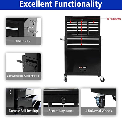 RYH 8 Drawers Rolling Tool Chest & Tool Box on Wheels | Heavy Duty Metal Cart with Ball Bearing Drawers | Fits US General Tool Box for Garage Storage (Black, 8 Drawers /43.1" H × 24.2" W)