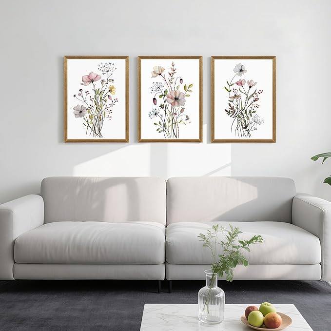 WRFON Framed Botanical Canvas Wall Art Set of 3, Watercolor Floral Prints, Framed Flower Wall Decor for Bedroom Bathroom Living Room, 12x16 Inch Each