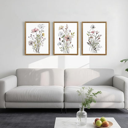 WRFON Framed Botanical Canvas Wall Art Set of 3, Watercolor Floral Prints, Framed Flower Wall Decor for Bedroom Bathroom Living Room, 12x16 Inch Each