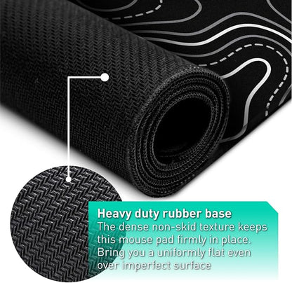 Pixiecube Minimalist Topographic Map Mouse Pad - Contour Extended Large Stitch Edge Mousepad. Black & White Non-Slip XXL Gaming Desk Mat
