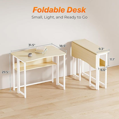 Huuger Folding Desk with Storage Shelf, 31.5 Inch Foldable Computer Table for Small Spaces, Space Saving Sofa Table for Couch, Writing Work Office Computer Desk, Easy to Fold, Oak