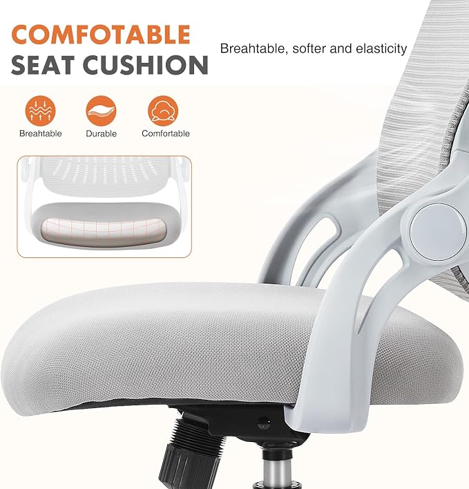 Sweetcrispy Home Office Managerial Executive Chair, Ergonomic Mesh Adjustable Swivel Mid-Back Chair with, Flip-up Arms, Comfortable Lumbar Support, Comfy Arms for Bedroom,Study,Student, Grey