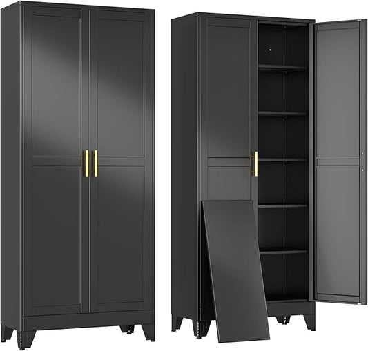erosoei 75" H Metal Garage Storage Cabinet, Black Metal Pantry Cabinet with 2 Doors, Locker Steel Cabinet with 5 Adjustable Shelves, Freestanding Cupboard for Garage,Office,Home,Gym,School