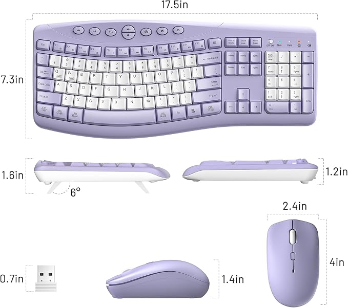 Wireless Keyboard and Mouse Combo,2.4G Full Size Ergonomic Curved Silent Keyboard with Fn Multimedia Keys for Office and Home, 3-DPI Quiet Mouse for Windows,Mac OS Desktop/Laptop/PC (Purple-B)