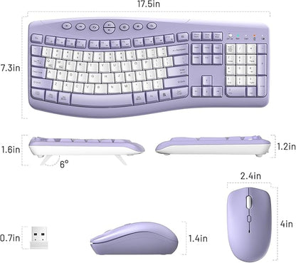 Wireless Keyboard and Mouse Combo,2.4G Full Size Ergonomic Curved Silent Keyboard with Fn Multimedia Keys for Office and Home, 3-DPI Quiet Mouse for Windows,Mac OS Desktop/Laptop/PC (Purple-B)