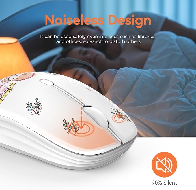 FMOUSE Cute Wireless Mouse Dual Mode with 2.4GHz USB Receiver and Bluetooth Connection for Laptop, iPad, Mac, AA Battery Silent Cartoon Cordless Mice for Kids and Students (Rabbit & Girl)
