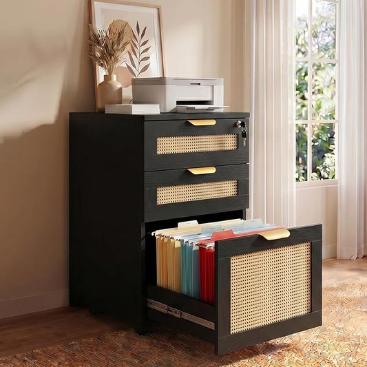 HOPUBUY 3 Drawer File Cabinet with Lock, Small Rattan Filing Cabinets with Wheels, Wood Rolling Office Storage for Under Desk Home Office,Black