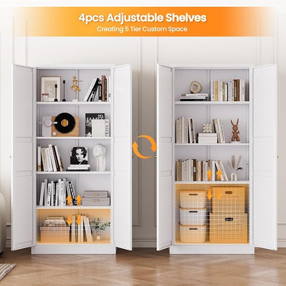 71" Tall Kitchen Pantry Storage Cabinet with 2 Doors and 5 Adjustable Shelve, Metal White Food Pantry Cabinet, Kitchen Cabinet Storage Unit,6 Tier Freestanding Cupboard for Kitchen Dining/Living Room