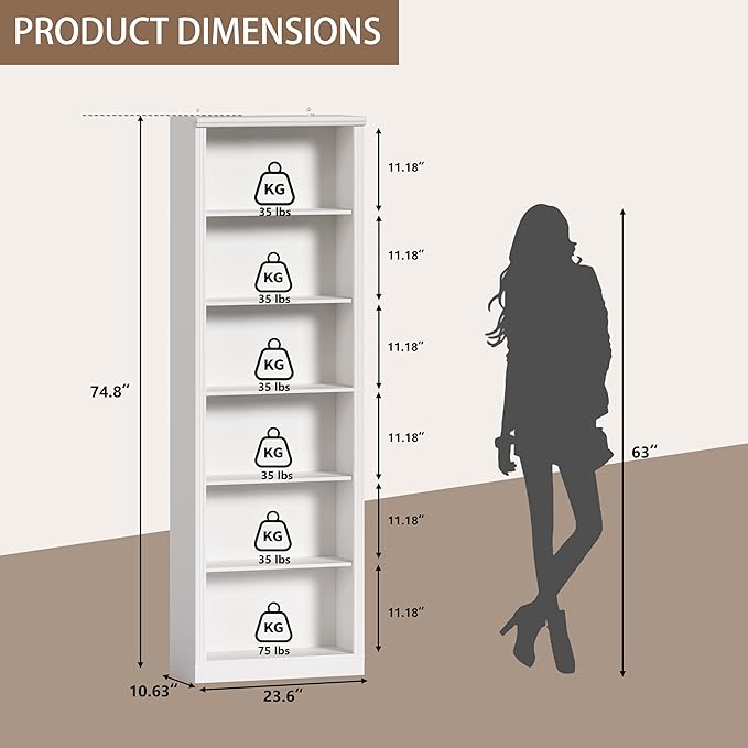 Thacuok 75" Tall Bookshelf Set of 2, 6 Tier Bookshelf with Adjustable Shelves, Bookcase with Anti-Tipping Device, Floor Standing Modern Display Rack,Book Shelf for Living Room, Bedroom, Office, White