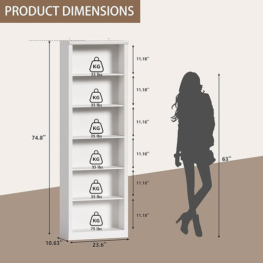 Thacuok 75" Tall Bookshelf Set of 2, 6 Tier Bookshelf with Adjustable Shelves, Bookcase with Anti-Tipping Device, Floor Standing Modern Display Rack,Book Shelf for Living Room, Bedroom, Office, White
