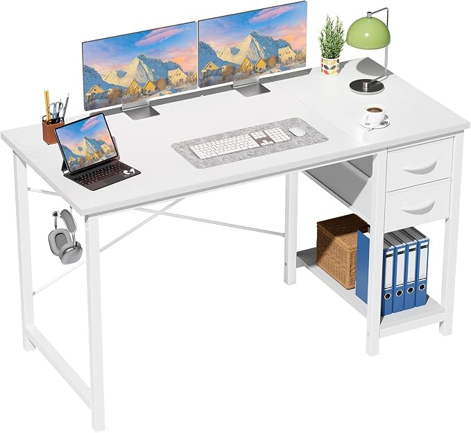 Sweetcrispy 47 Inch Computer Desk with Drawers Home Office Gaming X-Shaped Reinforcement Modern Wood Study Surface Side Hook Sturdy Metal Frame Large Storage Station White