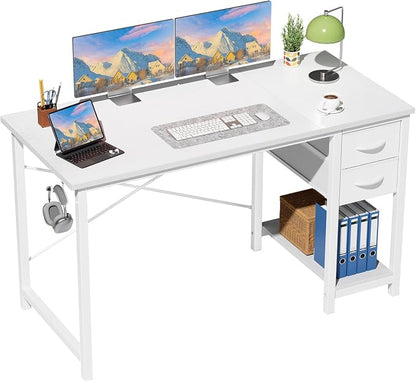 Sweetcrispy 47 Inch Computer Desk with Drawers Home Office Gaming X-Shaped Reinforcement Modern Wood Study Surface Side Hook Sturdy Metal Frame Large Storage Station White