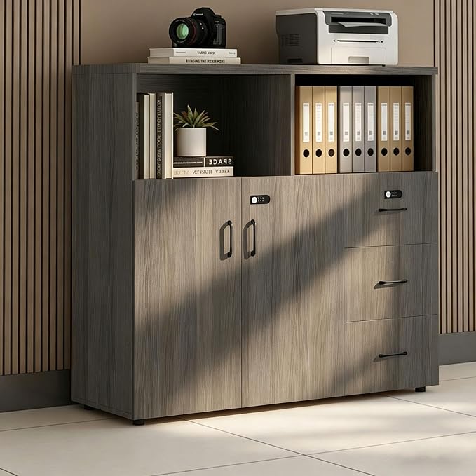 File Cabinet with Password Lock, Wood Lateral Filing Cabinet for Letter/A4 Files, 3 Drawer with Door, Printer Stand with Open Shelves for Home Office