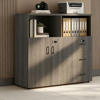 File Cabinet with Password Lock, Wood Lateral Filing Cabinet for Letter/A4 Files, 3 Drawer with Door, Printer Stand with Open Shelves for Home Office