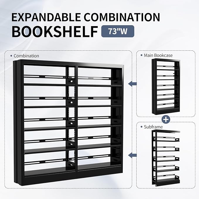 70.9" H Metal Bookshelf, Adjustable Bookcase, 5-Tier Heavy Duty Bookshelf with Bookend, Tall Bookshelves, Bookcase Shelf for Living Room, Office, Library,Classroom (Black-72.8W)