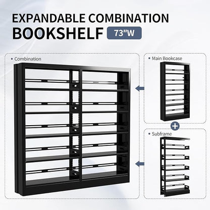 70.9" H Metal Bookshelf, Adjustable Bookcase, 5-Tier Heavy Duty Bookshelf with Bookend, Tall Bookshelves, Bookcase Shelf for Living Room, Office, Library,Classroom (Black-72.8W)
