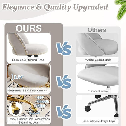 VINGLI Stylish Vanity Chair with Back, Girl Desk Chair with Silent Wheels and Velvet, Grey