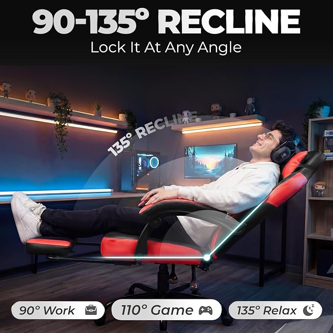 N-GEN GAMING Gaming Chair Big and Tall Computer Heavy Duty Office Desk Chair with Footrest Ergonomic Lumbar Support High Back Recliner for Adults (Red)