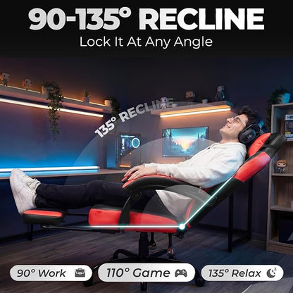 N-GEN GAMING Gaming Chair Big and Tall Computer Heavy Duty Office Desk Chair with Footrest Ergonomic Lumbar Support High Back Recliner for Adults (Red)