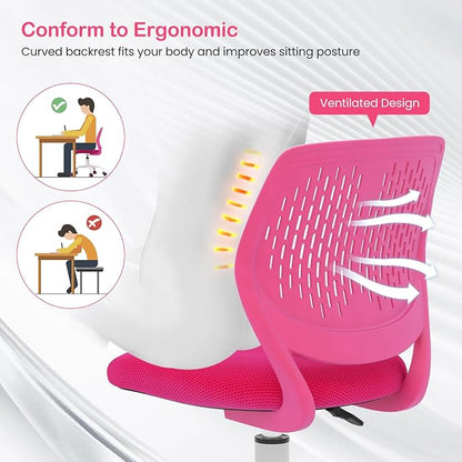 Giantex Kids Desk Chair, Adjustable Children Study Chair, Swivel Armless Mesh Task Office Chair, Computer Desk Chair with Adjustable Height & Lumbar Support, Rose