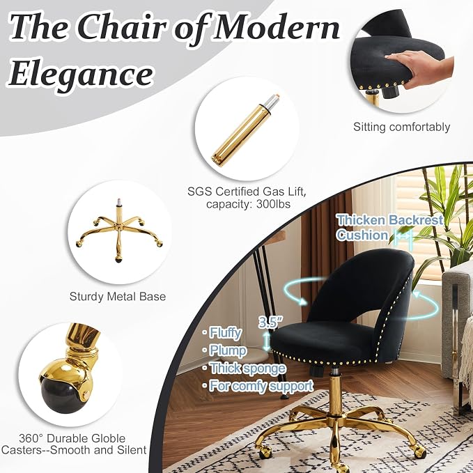 VINGLI Modern Velvet Small Office Chair,Cute Desk Chair with Wheels,Gold Base/Studs, Comfy Armless Swivel Vanity Task Chair for Women/Girl/Kids, Nail Tech Chair for Bedroom,Small Space,Black