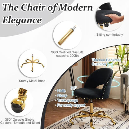 VINGLI Modern Velvet Small Office Chair,Cute Desk Chair with Wheels,Gold Base/Studs, Comfy Armless Swivel Vanity Task Chair for Women/Girl/Kids, Nail Tech Chair for Bedroom,Small Space,Black
