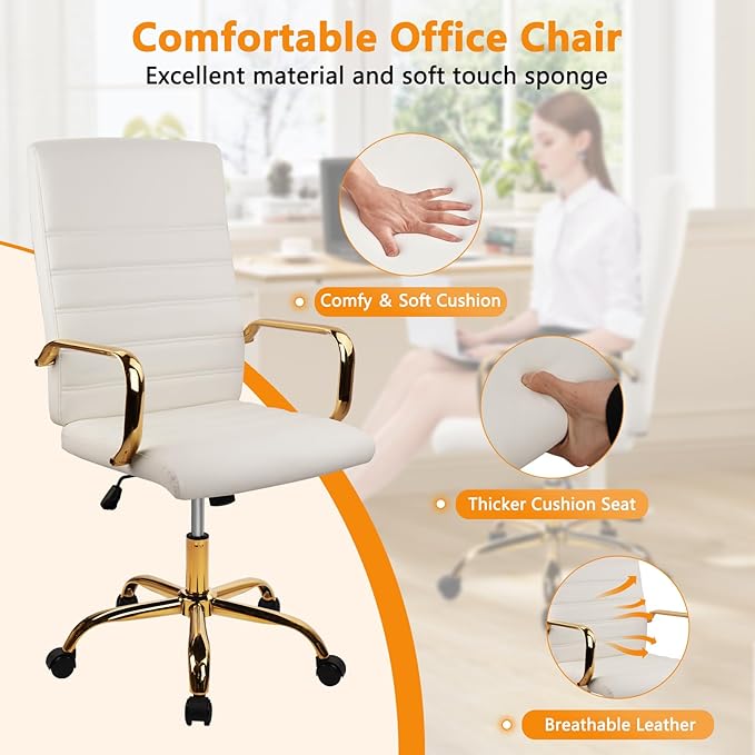 CLATINA White and Gold Office Chair, Leather Executive Computer Desk Chairs with Wheels, Ergonomic Swivel Chairs Task Stools with Arms, Height Adjustable for Home Bedroom Vanity and Living Room