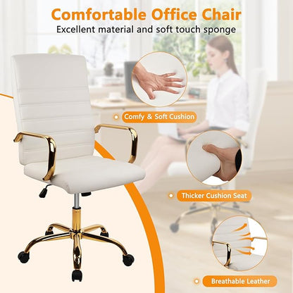 CLATINA White and Gold Office Chair, Leather Executive Computer Desk Chairs with Wheels, Ergonomic Swivel Chairs Task Stools with Arms, Height Adjustable for Home Bedroom Vanity and Living Room