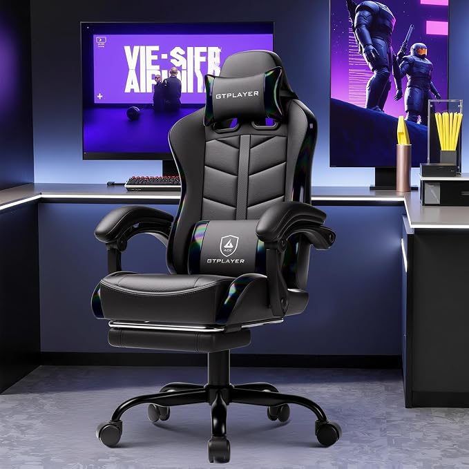 GTPLAYER Gaming Chair with Footrest, Computer Gaming Chair for Adults, Height Adjustable Gamer Chair with 90-155° Recline & Removable Headrest Lumbar Support, Colorful Black