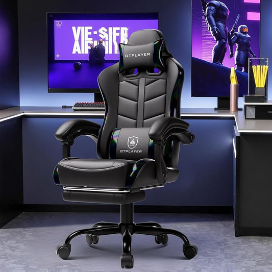 GTPLAYER Gaming Chair with Footrest, Computer Gaming Chair for Adults, Height Adjustable Gamer Chair with 90-155° Recline & Removable Headrest Lumbar Support, Colorful Black