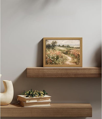CXQILVER Framed Vintage Cottagecore Landscape Wall Art, Wildflower Meadow Path Canvas Wall Decor Rustic Farmhouse Floral Nature Artwork for Living Room Bedroom Bathroom Home Decor 8x10 inch Framed