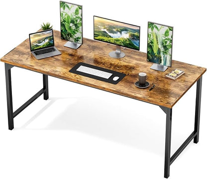 Sweetcrispy Small Computer Desk, 63" Office Writing Desk with Metal Frame & Wooden Top, X-Shaped Reinforcement, Student Study Workstation for Home Bedroom, Brown
