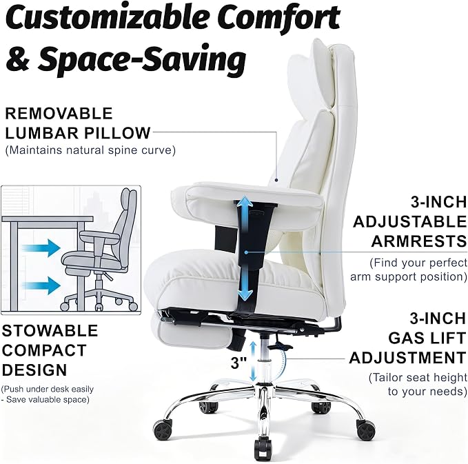 Efomao Executive Office Chair 400lbs,White Big and Tall Desk Chair | Mattress-grade pocket spring cushion, sleek leather, 135° recline & footrest for computer gaming setup.