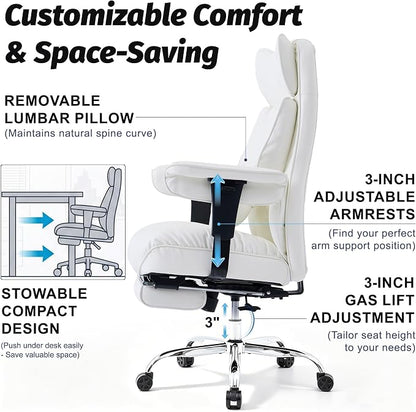 Efomao Executive Office Chair 400lbs,White Big and Tall Desk Chair | Mattress-grade pocket spring cushion, sleek leather, 135° recline & footrest for computer gaming setup.