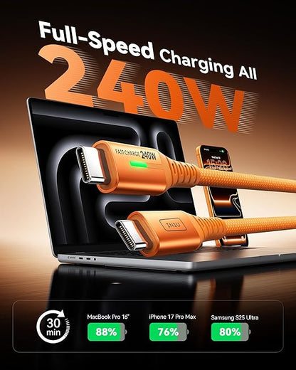 INIU USB C to USB C Cable, 240W Fast Charging Type C Charger Cord, Braided USBC Cable for iPhone 17, Samsung S25, Laptop, MacBook, Switch, Kid, Emergency, Flight, [6.6ft+6.6ft Orange]