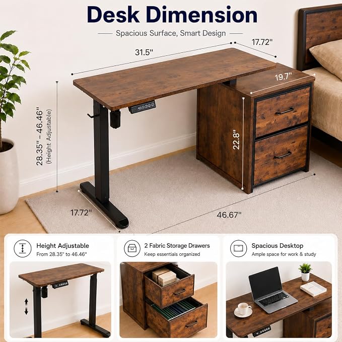 NORTHSKY Small Electric Standing Desk with Storage, 32 x 18 Inches Small Space Sit Stand Desk with Storage, Height Adjustable Computer Table, 3 Memory Preset, 1 Hook, Cable Management, Rustic Brown