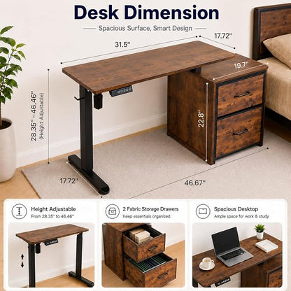 NORTHSKY Small Electric Standing Desk with Storage, 32 x 18 Inches Small Space Sit Stand Desk with Storage, Height Adjustable Computer Table, 3 Memory Preset, 1 Hook, Cable Management, Rustic Brown