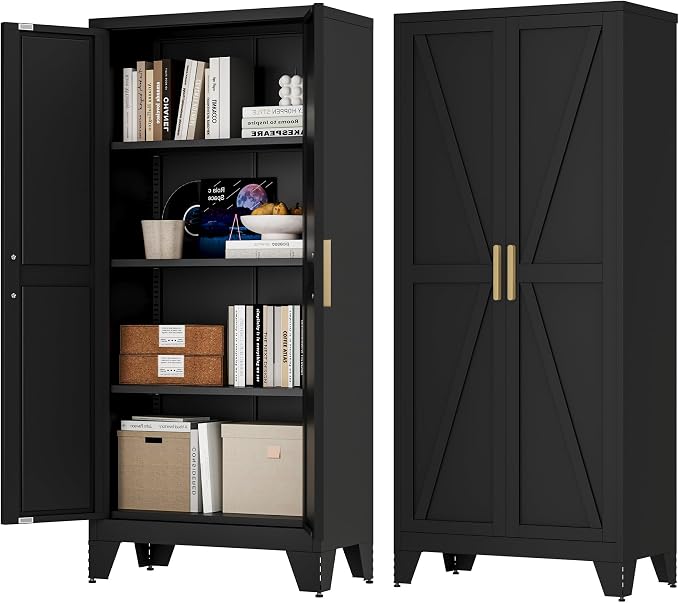 Baborokic 61H Metal Storage Cabinet with 2 Doors and Adjustable Shelves,Farmhouse Storage Cabinet with Barn Doors,Pantry Storage for Home,Office,Dining Room,Kitchen(Black)