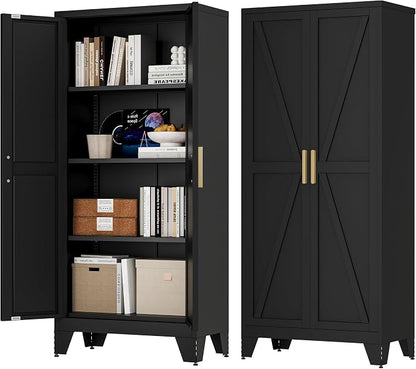 Baborokic 61H Metal Storage Cabinet with 2 Doors and Adjustable Shelves,Farmhouse Storage Cabinet with Barn Doors,Pantry Storage for Home,Office,Dining Room,Kitchen(Black)