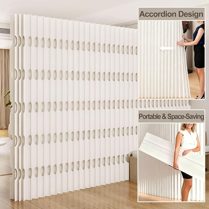 Foldable Accordion Room Divider, Wave-Shaped Freestanding Privacy Screen, Portable Paper Partition Wall, No Drilling Temporary Room Separator for Modern Home Office, Studio, Apartment, White