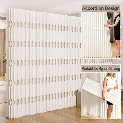 Foldable Accordion Room Divider, Wave-Shaped Freestanding Privacy Screen, Portable Paper Partition Wall, No Drilling Temporary Room Separator for Modern Home Office, Studio, Apartment, White