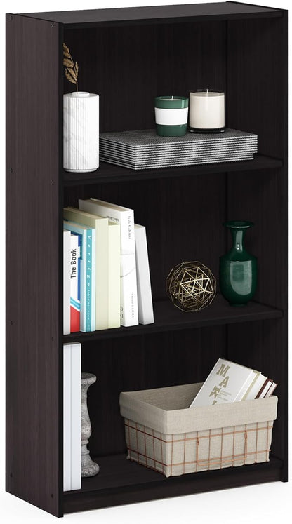 Furinno BASIC Book Shelf, 3-Tier Modern Bookshelf, Bookcase with Open Shelves, 9.3" x 21.8" x 39.5", for Living Room, Bedroom, Home Office, Dark Walnut