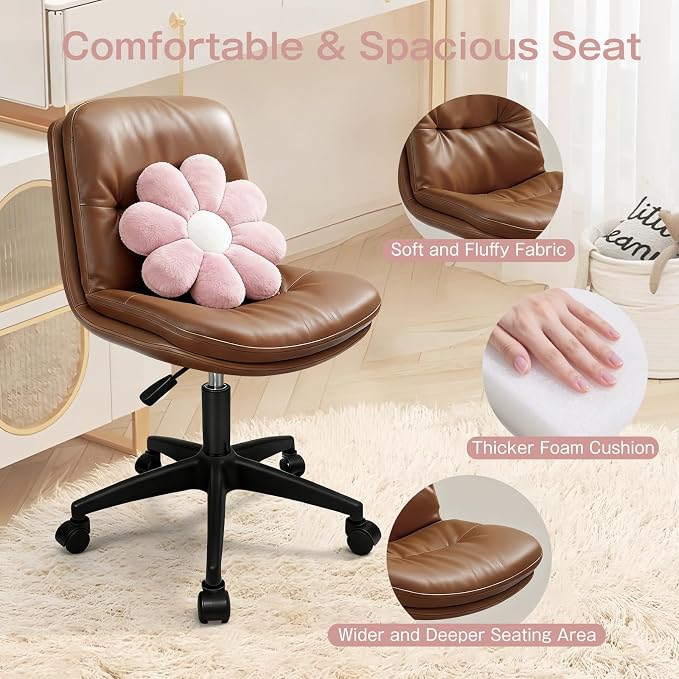 Small Office Desk Chair, PU Leather Armless Swivel Chair with Lumbar Pillow, Height Adjustable Task Chair for Small Spaces, Bedroom & Vanity Brown
