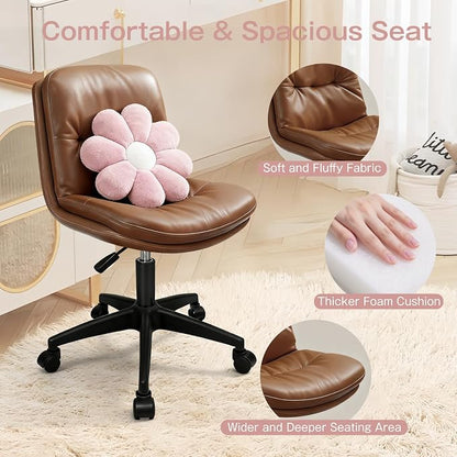 Small Office Desk Chair, PU Leather Armless Swivel Chair with Lumbar Pillow, Height Adjustable Task Chair for Small Spaces, Bedroom & Vanity Brown
