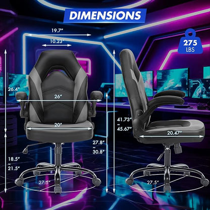 Sweetcrispy Computer Video Game Desk Chair: Ergonomic Comfy Lumbar Support, PU Leather with Flip-up Armrest, Height Adjustable and 360° Swivel, for Adults, Black Grey