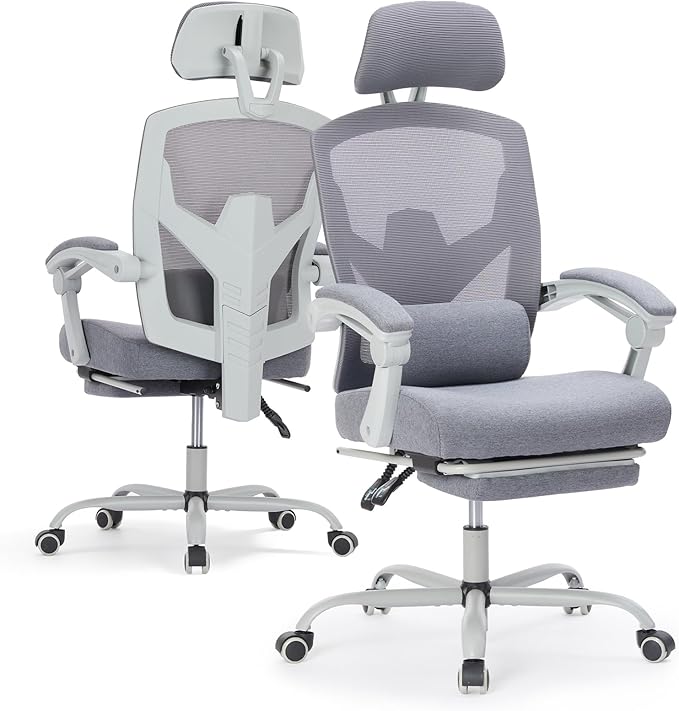 Ergonomic Office Chair with Footrest, High Back Home Desk Computer Chair with Lumbar Support & Headrest, 90-135° Reclining Mesh Back with Wheels for Work, Gaming, Grey