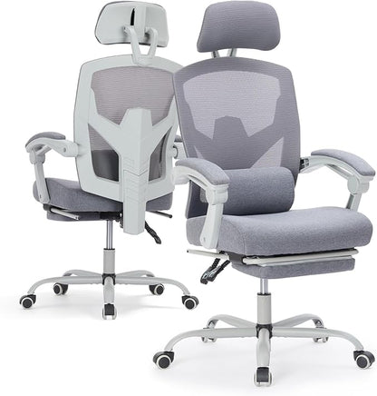 Ergonomic Office Chair with Footrest, High Back Home Desk Computer Chair with Lumbar Support & Headrest, 90-135° Reclining Mesh Back with Wheels for Work, Gaming, Grey