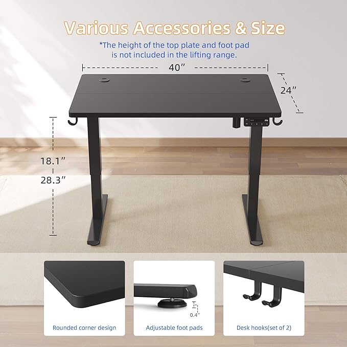 YIHAYO Low Height Adjustable Desk, Lifts 18.1-28.3 Inches, Electric Standing Desk for Short People, 40 x 24 Inches Computer Table with Splice Board for Home Office, Black