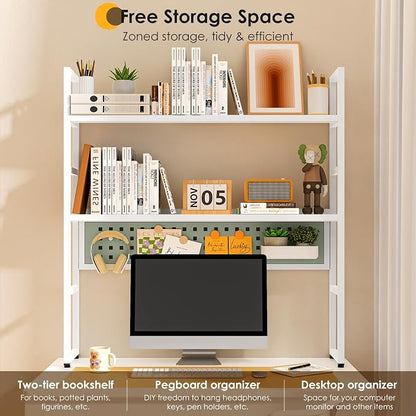 Brakki Desk Shelf, Desk Hutch Bookshelf, Desktop Shelf with Pegboard, White | L35.43", 2 Tier Bookcase, for Computer Monitor, Metal Desktop Hutch, Storage Organizer for Dorm Home Office